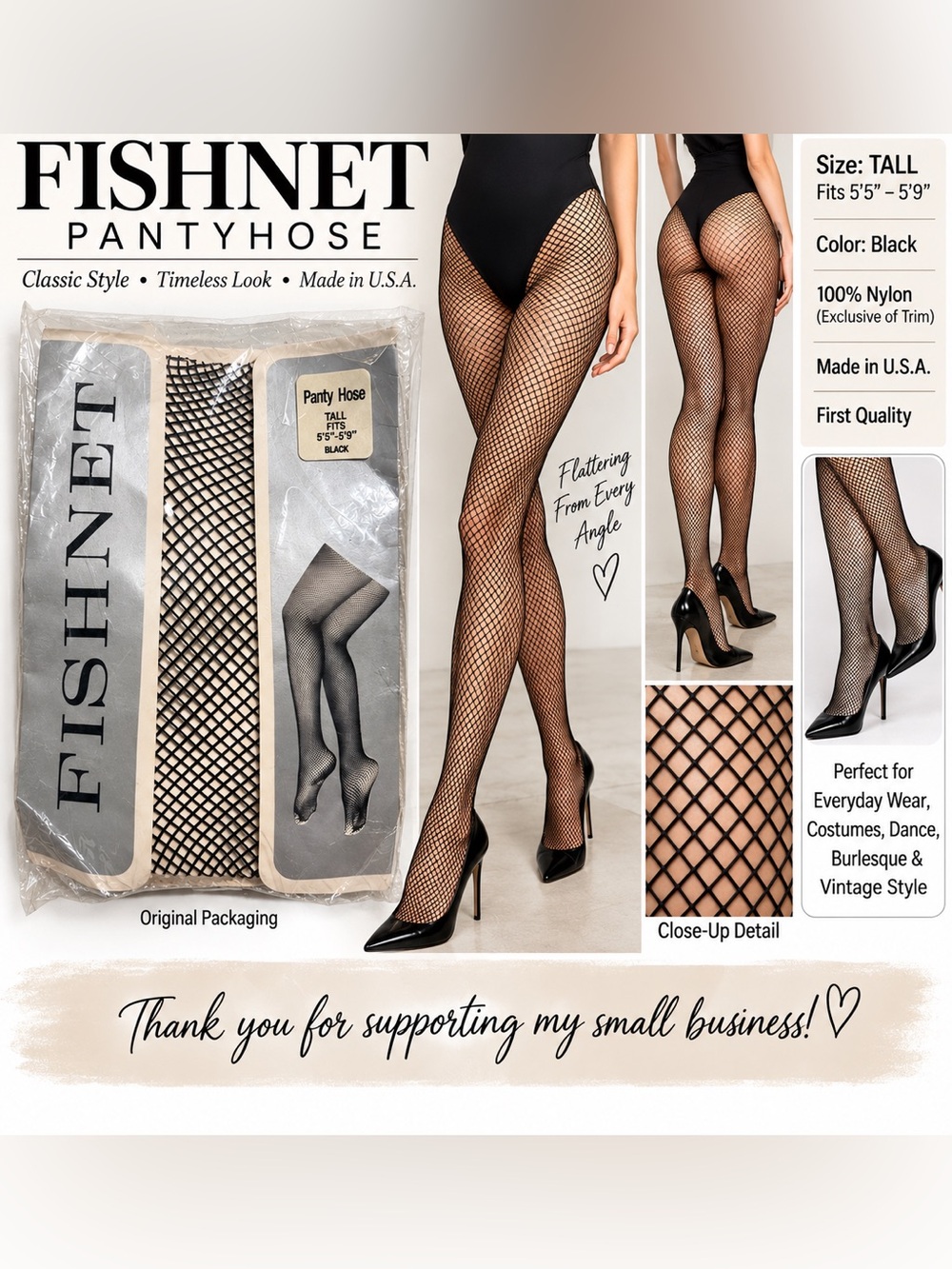Vintage Fishnet Pantyhose Tall Black 100% Nylon Made in USA NOS